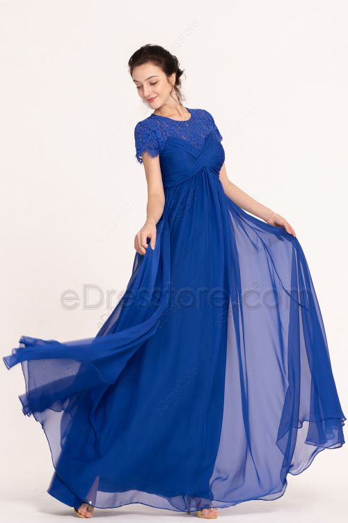 Sapphire Blue Modest Maternity Bridesmaid Dresses Short Sleeves