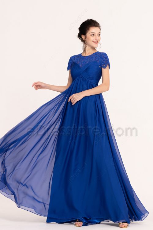 Sapphire Blue Modest Maternity Bridesmaid Dresses Short Sleeves