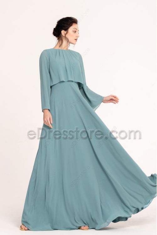 Seaglass Green Popover Modest Bridesmaid Dresses Long Sleeves
