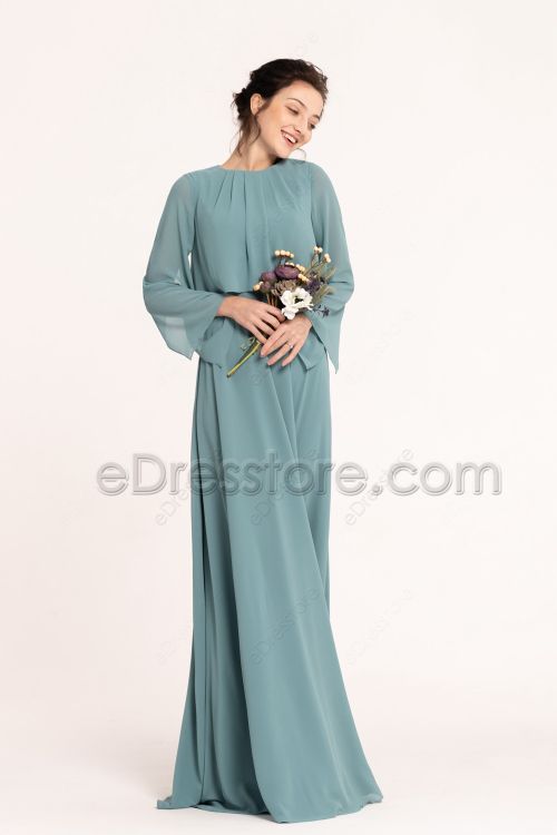 Seaglass Green Popover Modest Bridesmaid Dresses Long Sleeves