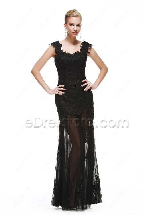 Black lace Sparkle See Through Prom Dresses with Straps