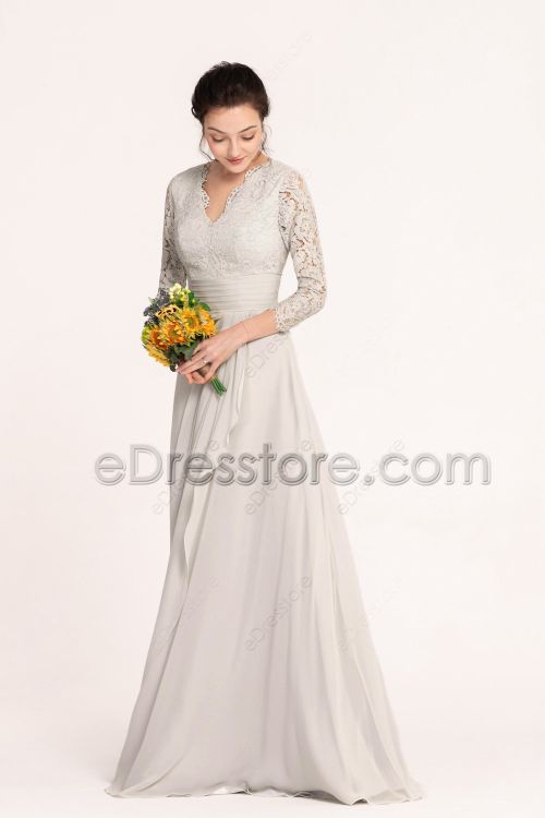 Silver Grey Modest Lace Bridesmaid Dresses Long Sleeves