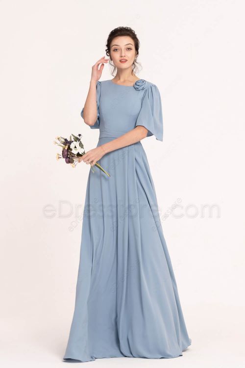 Steel Blue Modest Bridesmaid Dresses with Elbow Sleeves