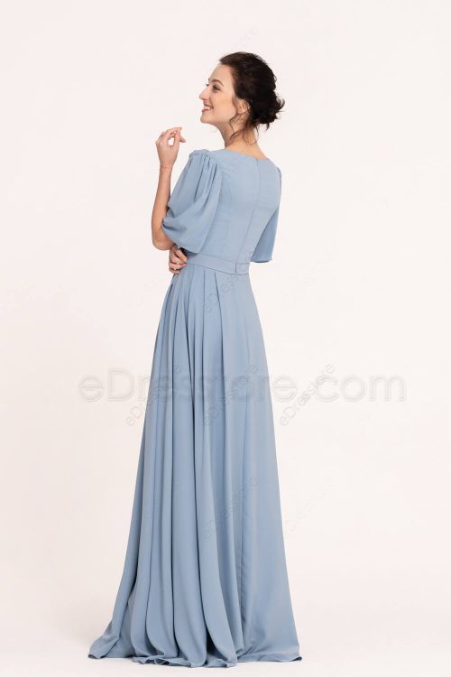 Steel Blue Modest Bridesmaid Dresses with Elbow Sleeves
