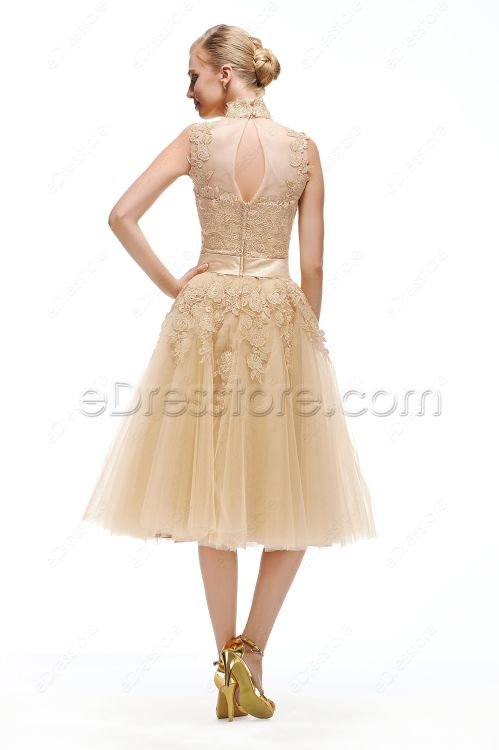 Champagne Vintage Bridesmaid Dresses Tea Length
