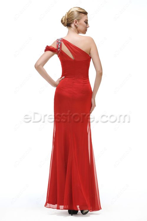 One Shoulder Trumpet Red Prom Dress