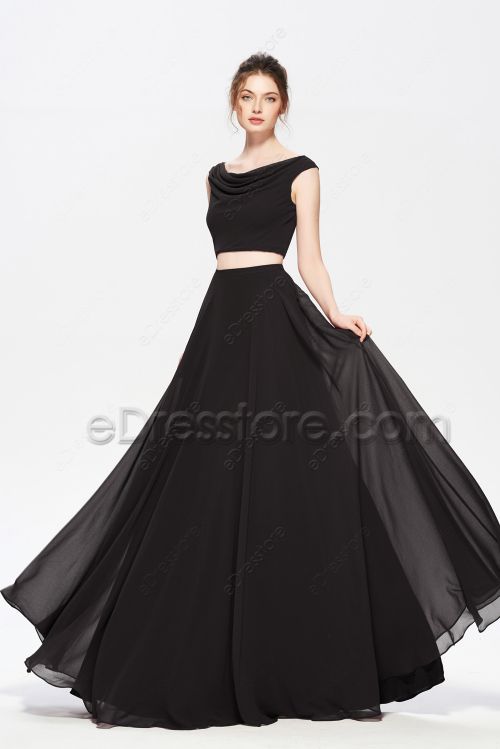 Two Piece Black Bridesmaid Dresses with Cowl Neck