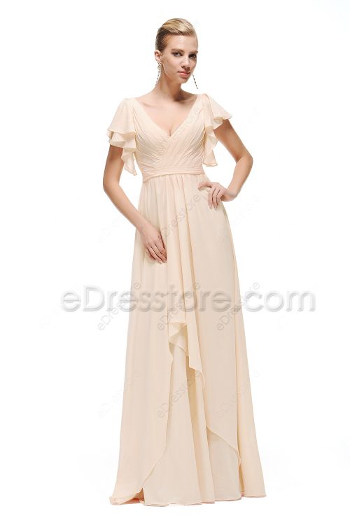 V Neck Champagne Colored Bridesmaid Dresses with Sleeves