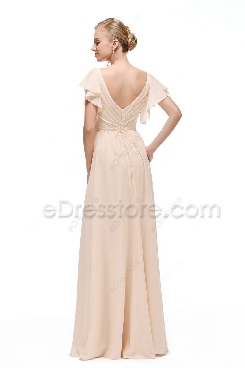 V Neck Champagne Colored Bridesmaid Dresses with Sleeves