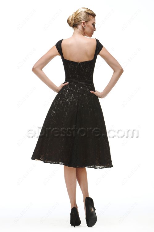 Vintage Black Lace Prom Dresses Tea Length