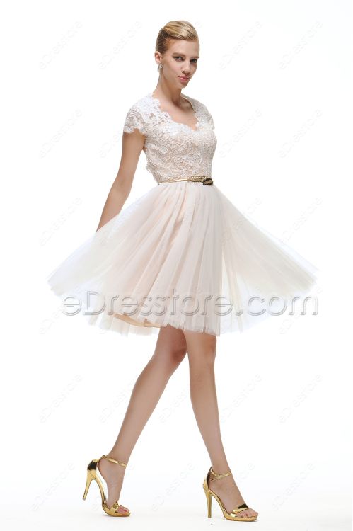 White Backless Short Prom Dresses Cap Sleeves
