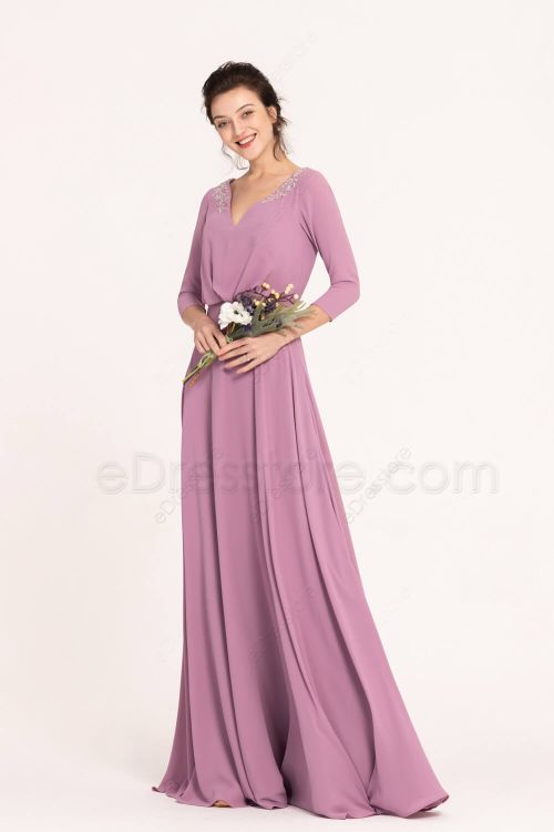 Wisteria Modest Popover Bridesmaid Dresses with Sleeves Beaded