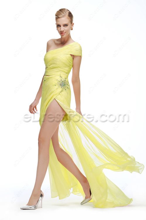 One Shoulder Yellow Evening Gown with Slit