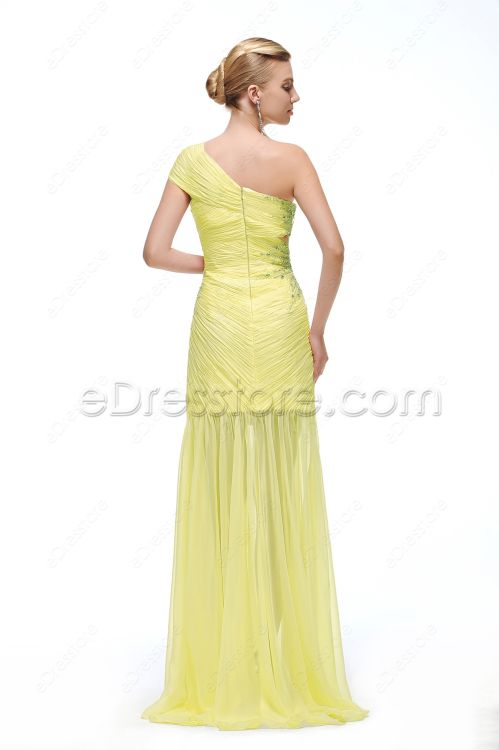 One Shoulder Yellow Evening Gown with Slit