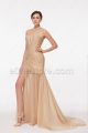 Flowing Champagne Evening Dress with Slit
