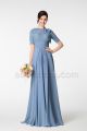 Modest Periwinkle Bridesmaid Dress Elbow Sleeves with Lace Top and Bow