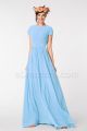 Light Blue Modest Prom Dresses Short Sleeves