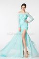 Light Aqua Blue Long Sleeves Prom Dresses with slit