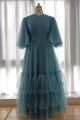 Dusty Blue Tiered Tulle Modest Bridesmaid Dresses with Sleeves