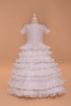 Modest Tiered Ball Gown First Communion Dress with Sleeves Floor Length