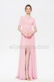 Modest Beaded Baby Pink Bridesmaid Dresses with Elbow Sleeves