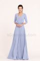 Modest Crystal Beaded Sky Blue Bridesmaid Dresses Three Quarter Sleeves