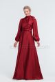 Modest Dark Red Satin Bridesmaid Dresses Long Sleeves
