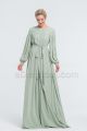 Modest Dusty Sage Bridesmaid Dresses Long Sleeves Free Waistline