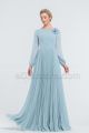 Modest Ice Blue Chiffon Bridesmaid Dresses Long Sleeves