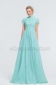 Modest LDS Aqua Blue Lace Chiffon Bridesmaid Dresses