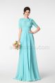 Modest LDS Aqua Bridesmaid Dresses with Sleeves