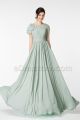 Modest LDS Dusty Sage Bridesmaid Dresses Elbow Sleeves
