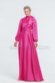Modest LDS Hot Pink Satin Bridesmaid Dresses Long Sleeves