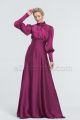 Modest LDS Magenta Satin Bridesmaid Dresses Long Sleeves