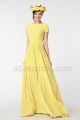 Modest LDS Ruched Light Yellow Bridesmaid Dresses Cap Sleeves