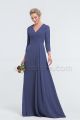 Modest LDS Ruched Slate Blue Bridesmaid Dresses with Sleeves