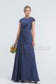 Modest Slate Blue Satin Bridesmaid Dresses Cap Sleeves