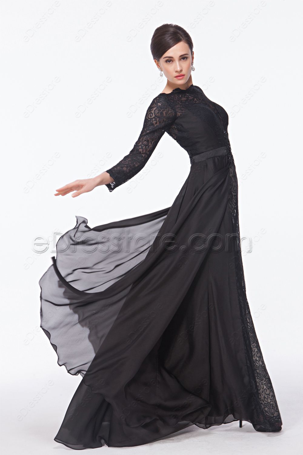 Black Lace Backless Prom Dresses Long Sleeves | eDresstore