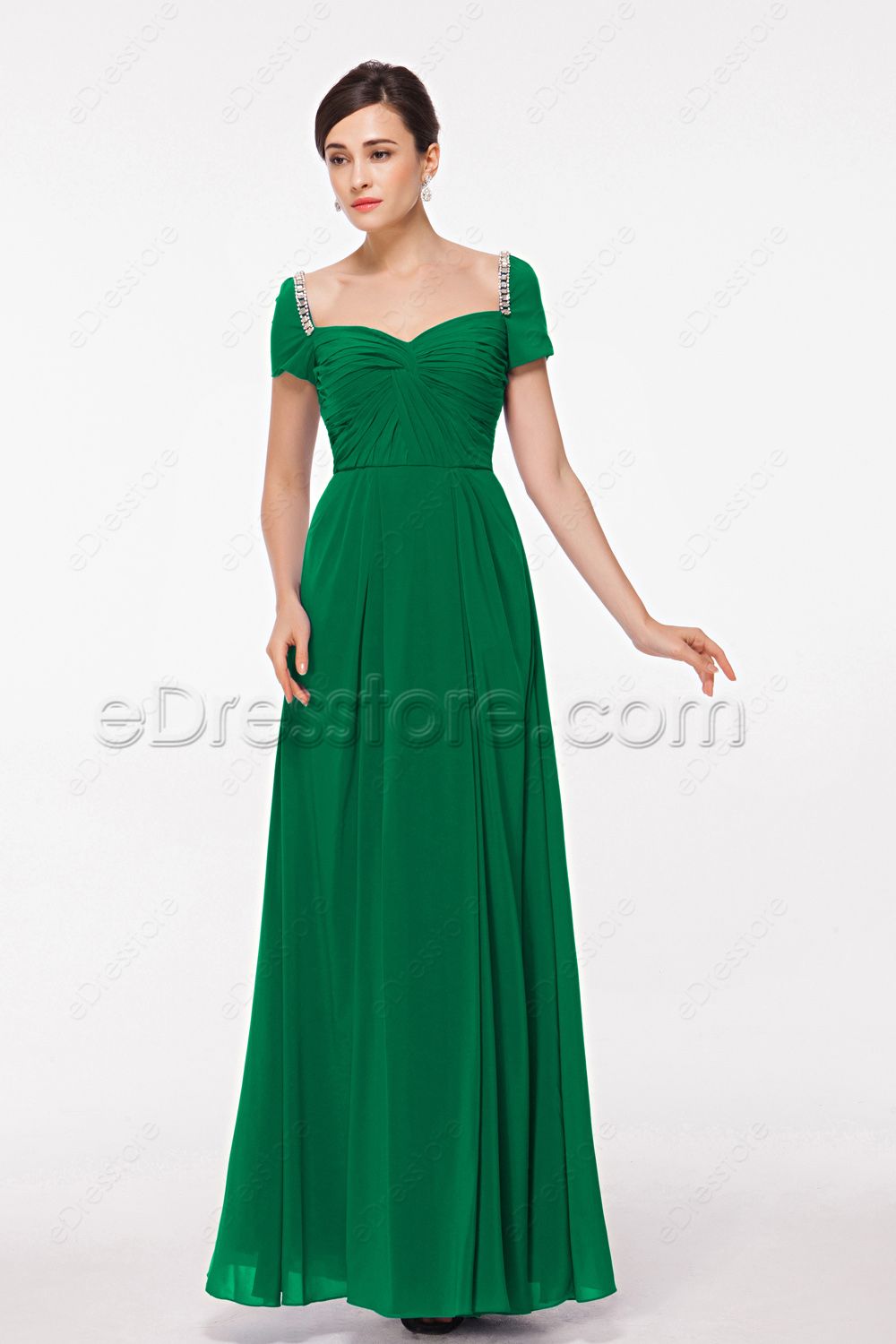 Modest Emerald Green Evening Dress with Sleeves | eDresstore