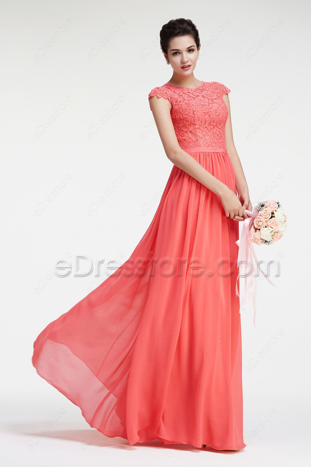 Lace Chiffon Modest Coral Bridesmaid Dresses Cap Sleeves | eDresstore