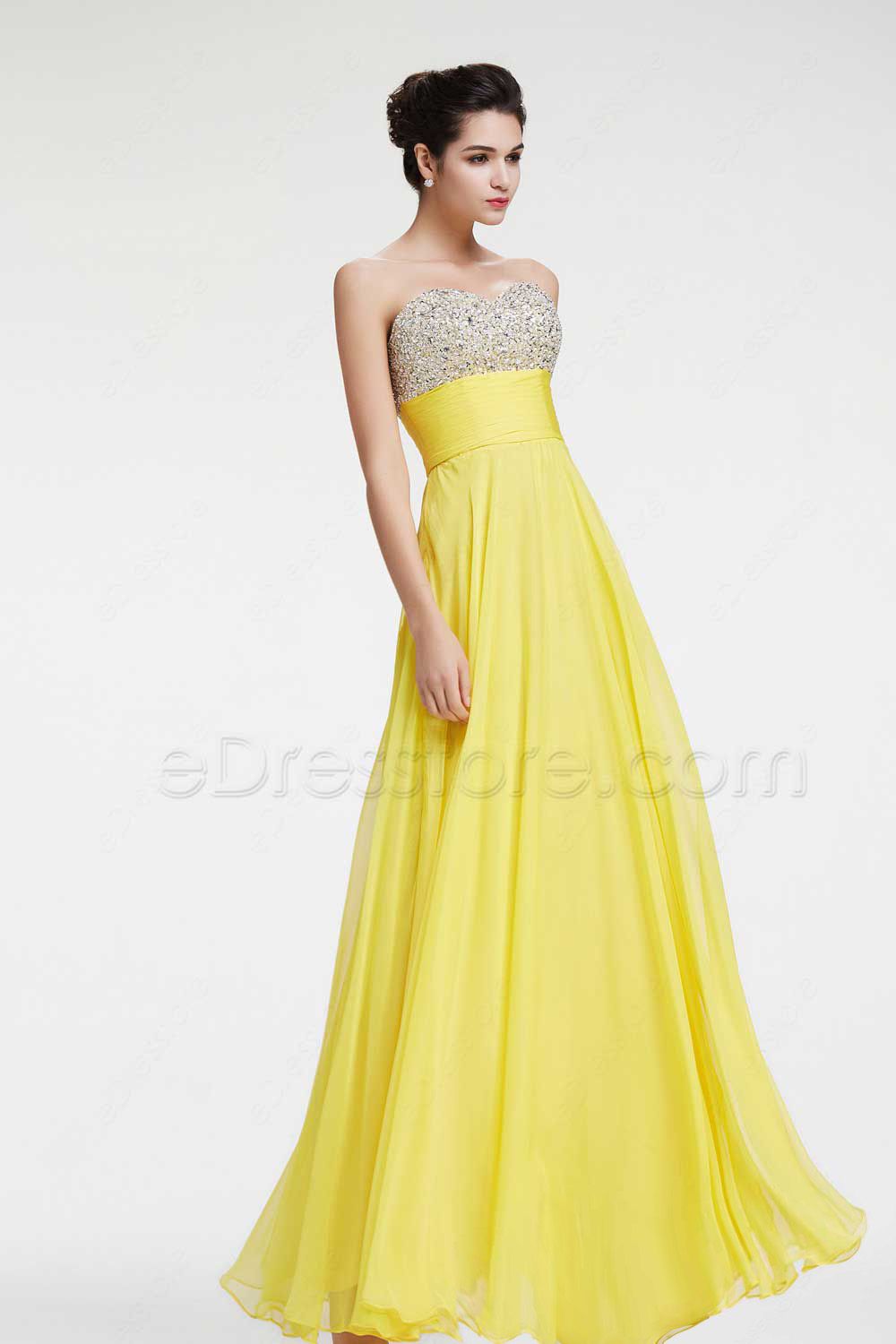 Yellow Beaded Sparkly Prom Dresses Flowing Pageant Dresses | eDresstore