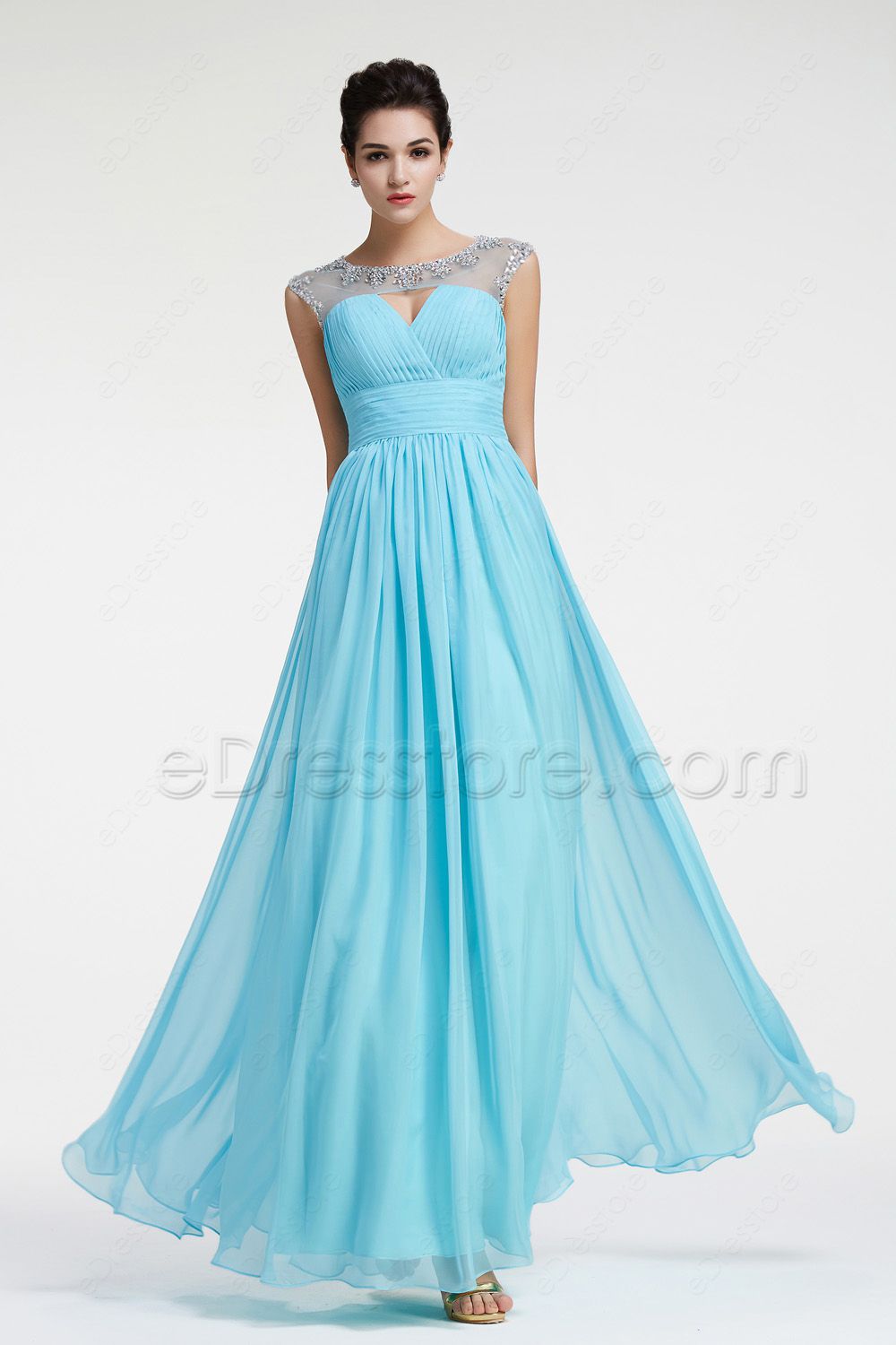 Light Blue Crystal Prom Dresses Long with Cap Sleeves | eDresstore