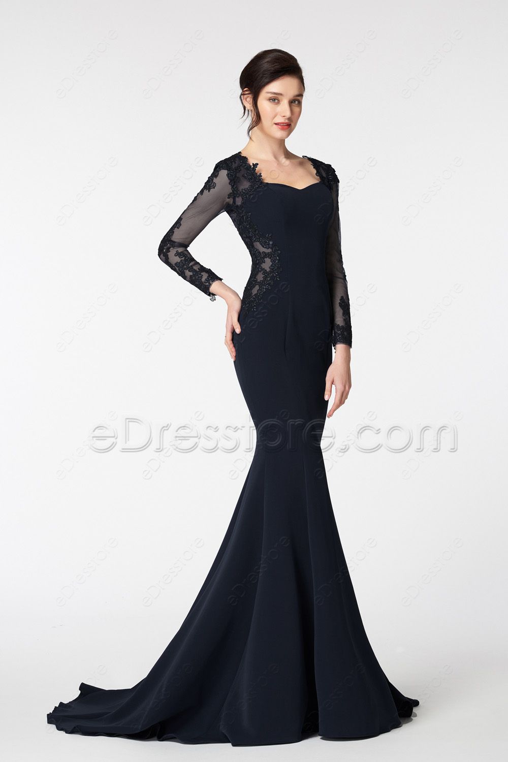 Mermaid Black Evening Dresses Long Sleeves | eDresstore
