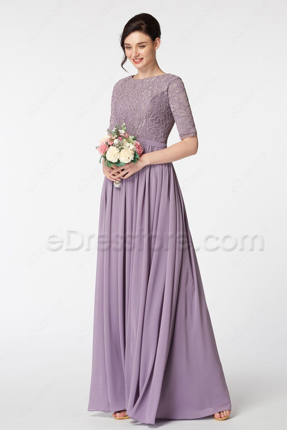 Wisteria Purple Modest Bridesmaid Dress with Elbow Sleeves | eDresstore
