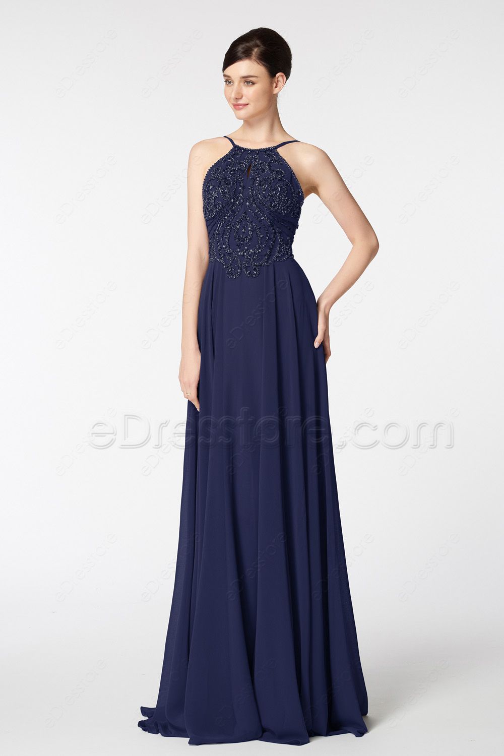Navy Blue Beaded Long Prom Dresses | eDresstore