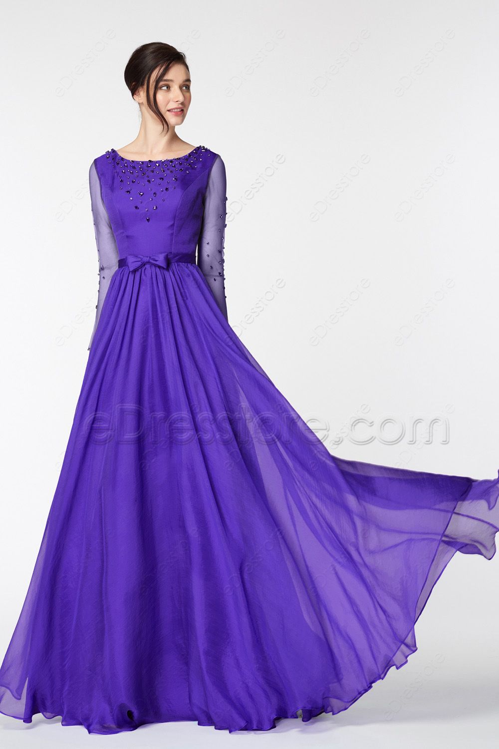 Purple Beaded Mother of the Bride Dress Long Sleeves | eDresstore