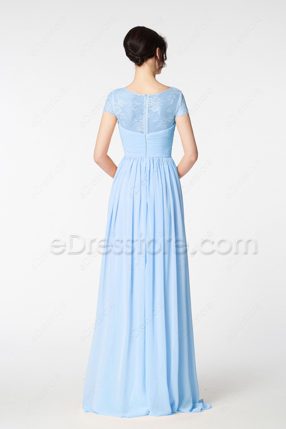 Modest Light Blue Long Prom Dress Cap Sleeves | eDresstore