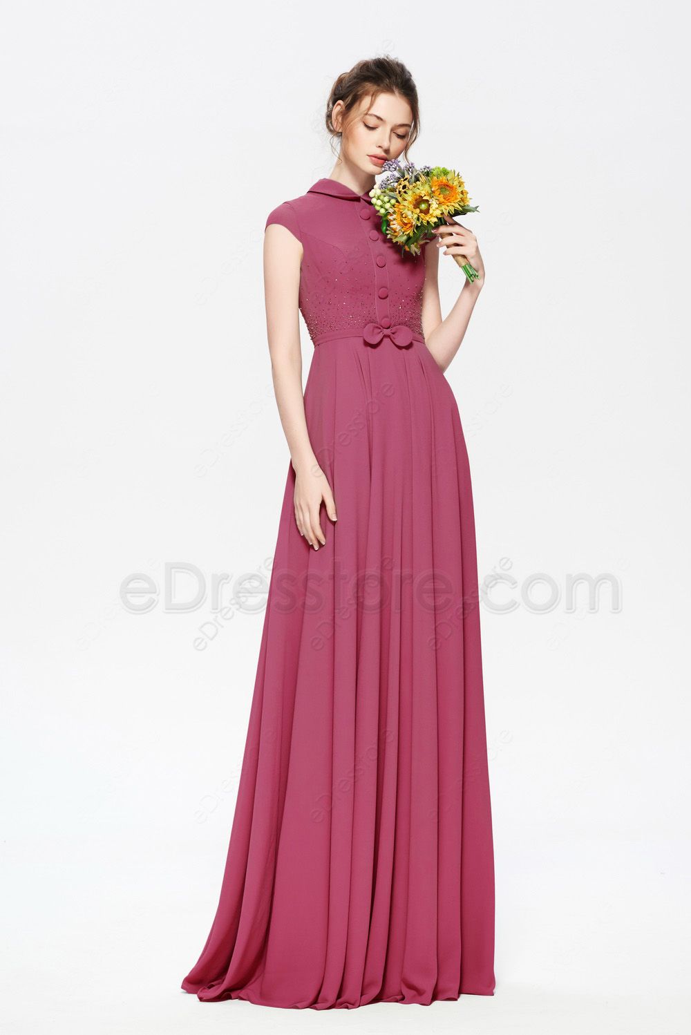 Modest Beaded Chianti Rose Bridesmaid Dresses Cap Sleeves | eDresstore