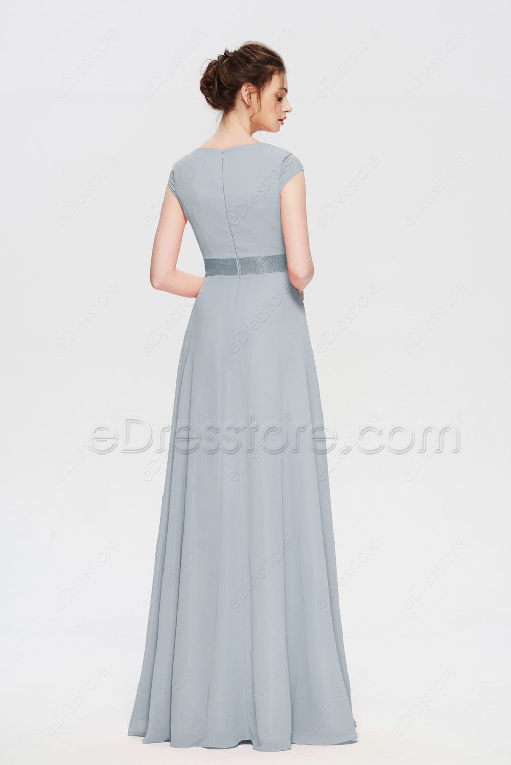 Modest Dusty Blue Prom Dresses Long with Cap Sleeves | eDresstore