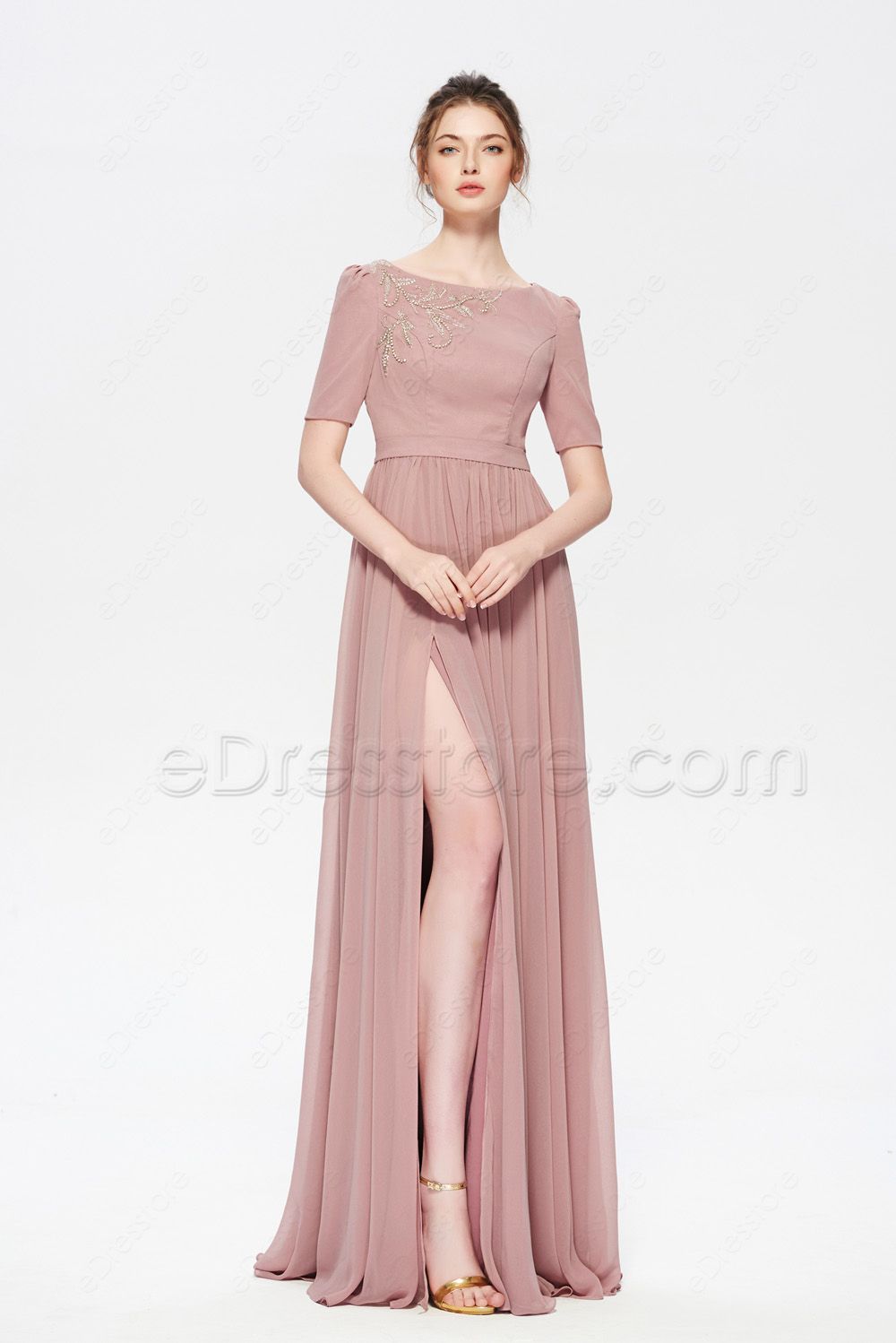 Dusty Rose Modest Beaded Bridesmaid Dress with Slit Short Sleeves ...